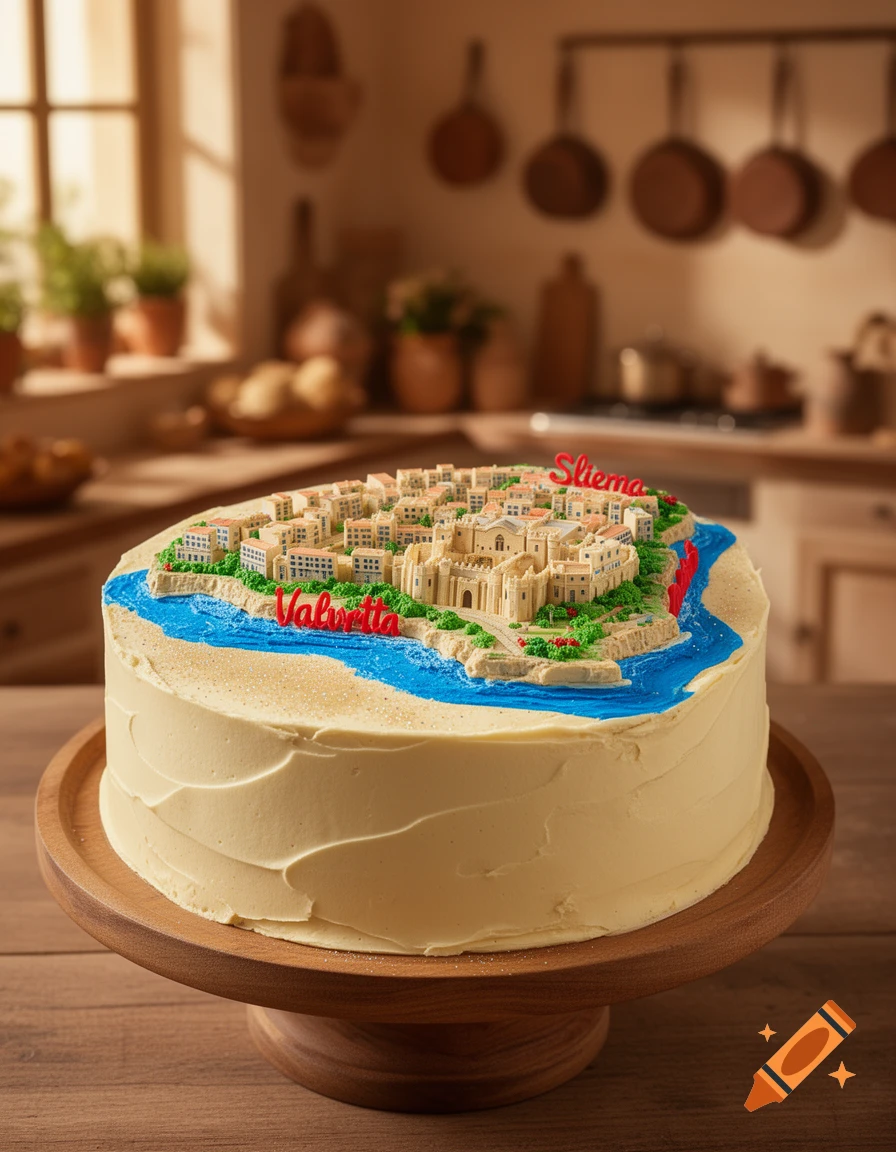 A detailed birthday cake shaped like the island of Malta, featuring miniature buildings for towns like Valletta and Sliema, on a wooden cake stand in a rustic kitchen.