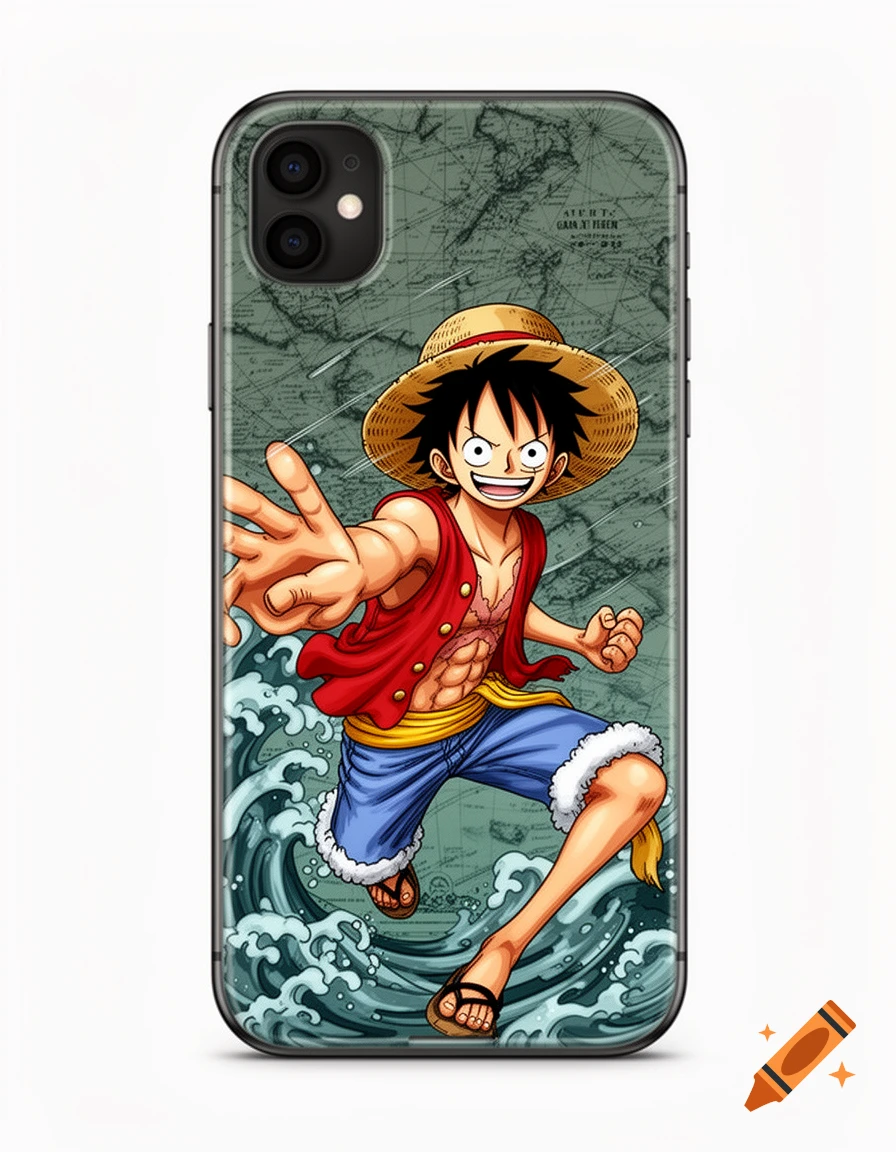 Anime style illustration of Monkey D. Luffy running, arm outstretched, against a map background and waves, on a black smartphone case.
