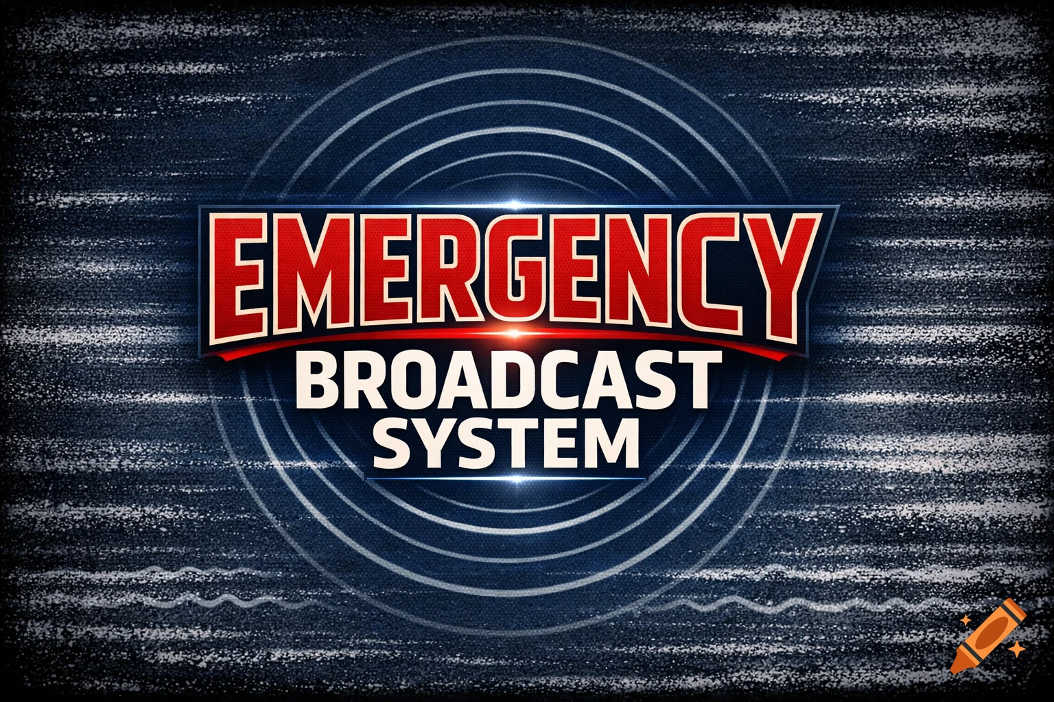 A red and white 'EMERGENCY BROADCAST SYSTEM' logo over a dark blue background with white static and circular waves.