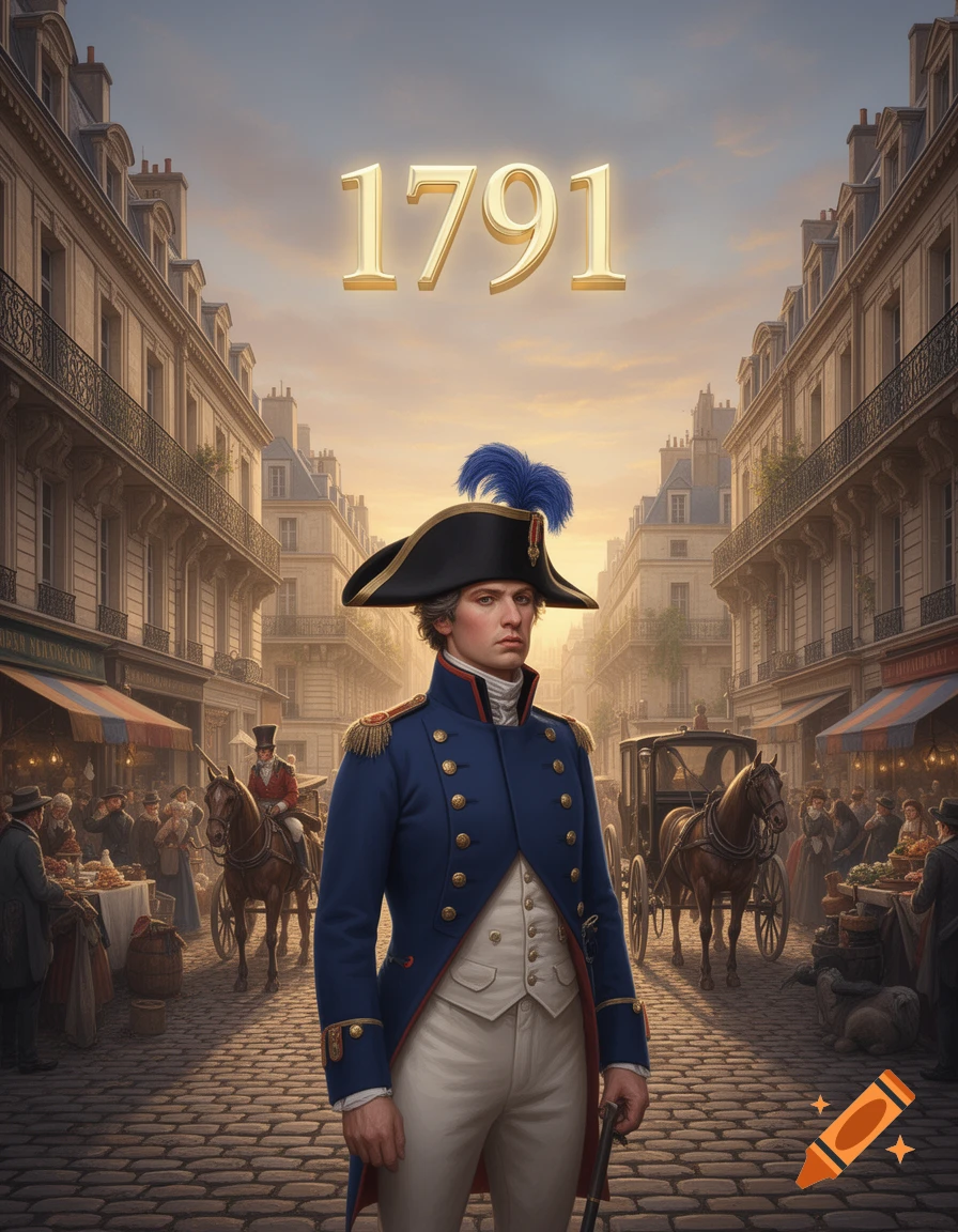A Gendarme in 1791 Paris stands in a bustling street, with '1791' in gold 3D letters above him.