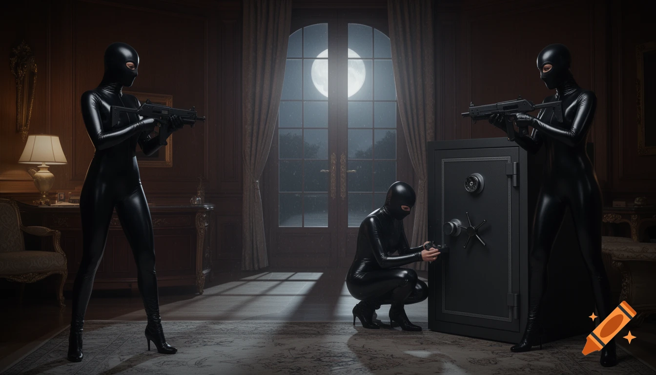 Three women in black latex suits and balaclavas in a mansion at night. Two hold submachine guns while one opens a safe.