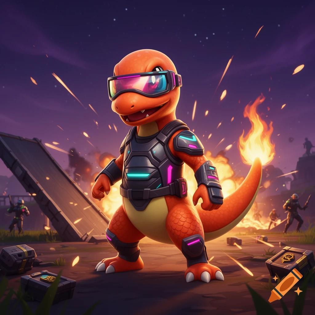 A stylized Charmander wearing futuristic black and neon armor and goggles stands amidst a fiery battleground with explosions and distant figures.