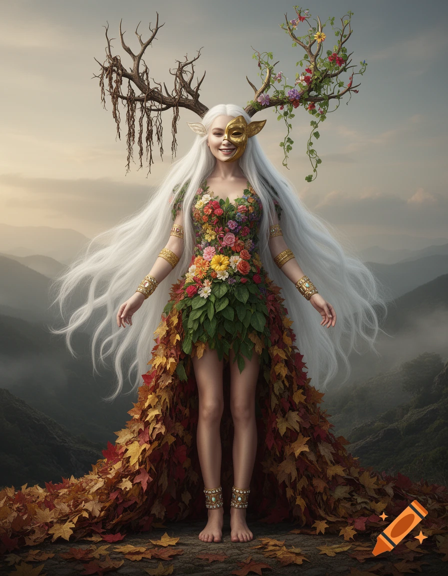 Mother Nature with long white hair, gold mask, and antler crown, wearing a dress of flowers and autumn leaves, standing on a mountain.