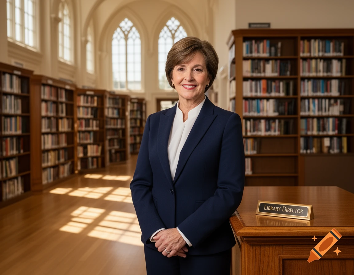 A smiling woman in a navy suit stands next to a 'LIBRARY DIRECTOR' sign in a grand library with tall bookshelves.