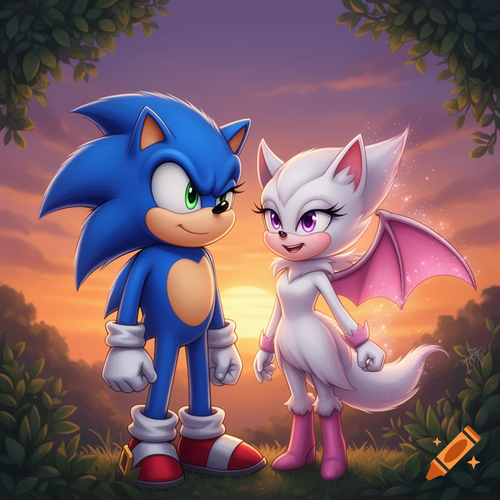 Sonic the Hedgehog and Rouge the Bat stand in a forest clearing against a sunset sky, in a vibrant cartoon style.