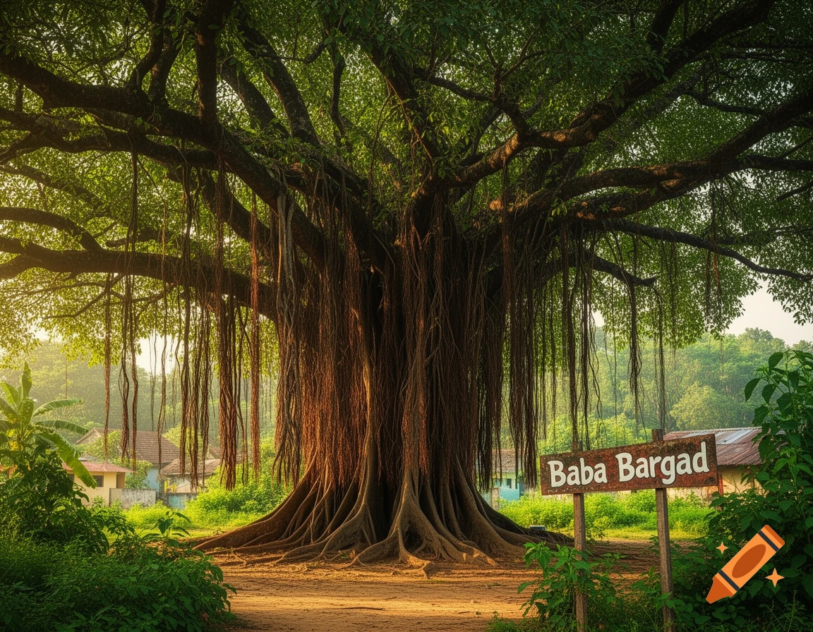 A majestic banyan tree with hanging roots stands by a dirt path in a village, a sign reads 'Baba Bargad'.