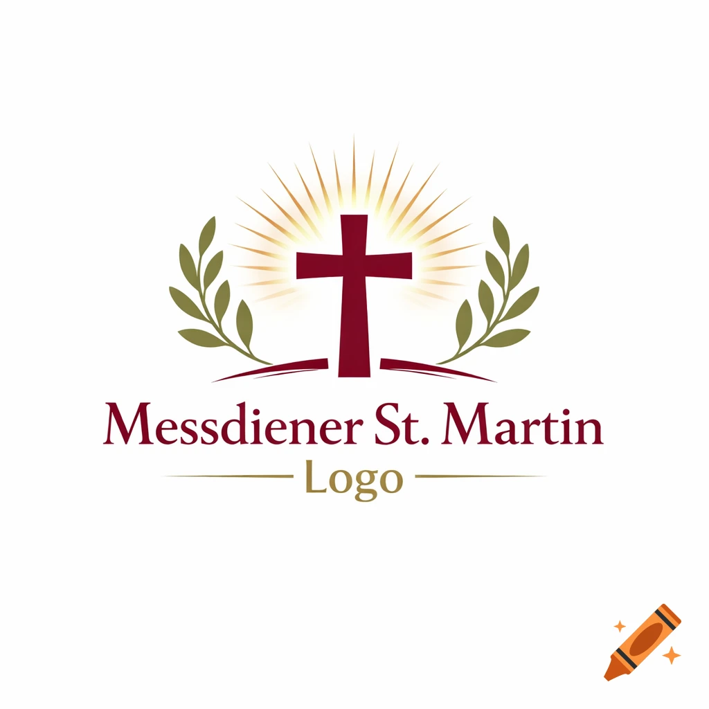 A logo featuring a red cross with golden light rays, flanked by green olive branches, above the text 'Messdiener St. Martin Logo' in a maroon font.
