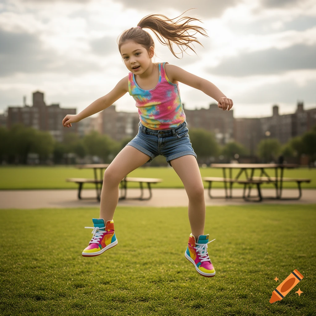 A young girl with a ponytail, wearing a colorful tank top and shorts, jumps in mid-air over green grass in a park, with city buildings in the background.