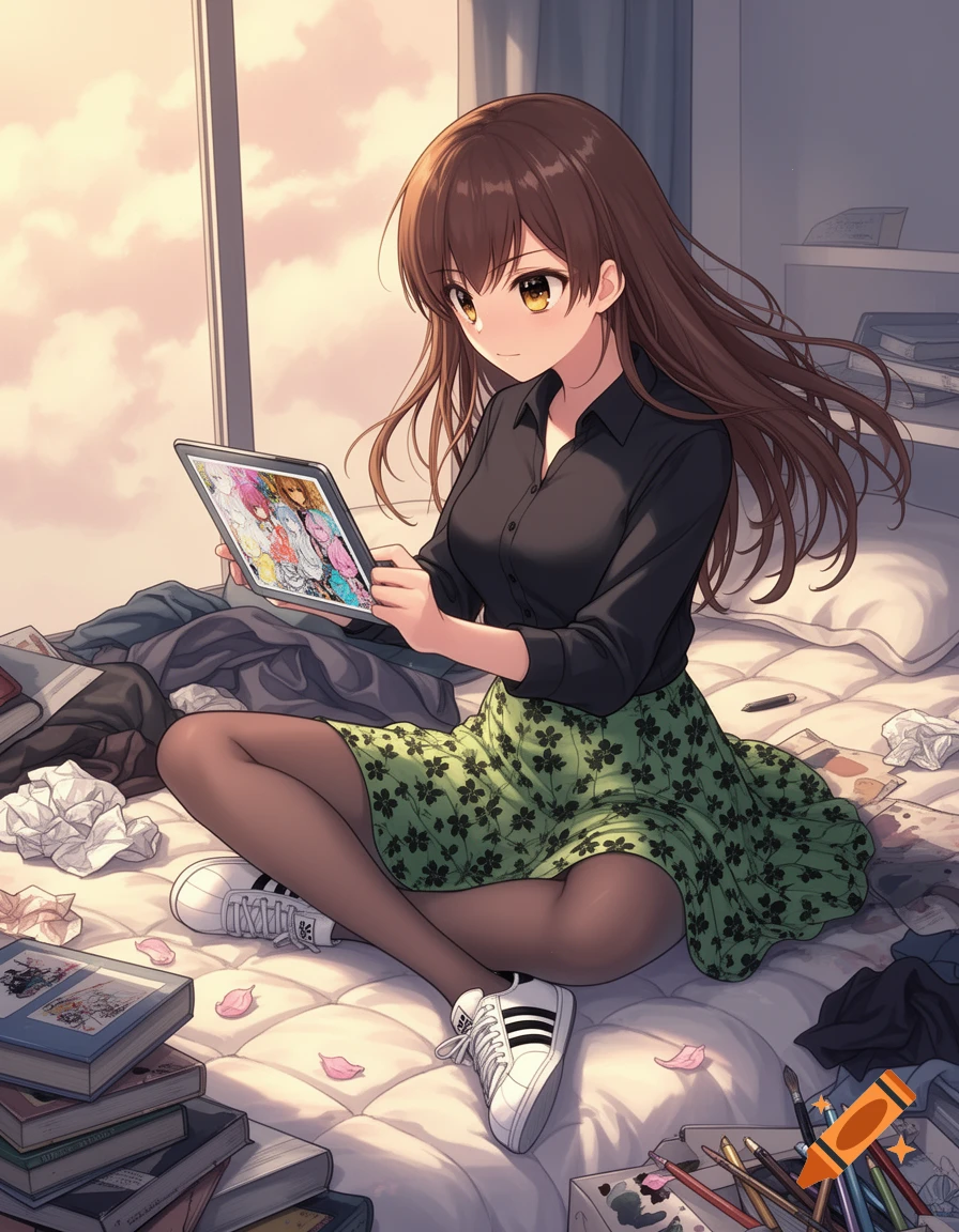 An anime girl with brown hair, a black shirt, a green and black floral skirt, and tights sits on a messy bed while looking at a tablet.