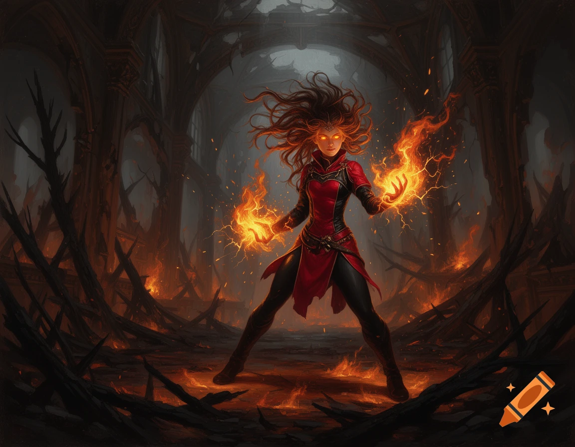 A fiery female mage with glowing eyes, wild hair, and red outfit casts spells amidst flames in a dark, ruined fantasy hall.