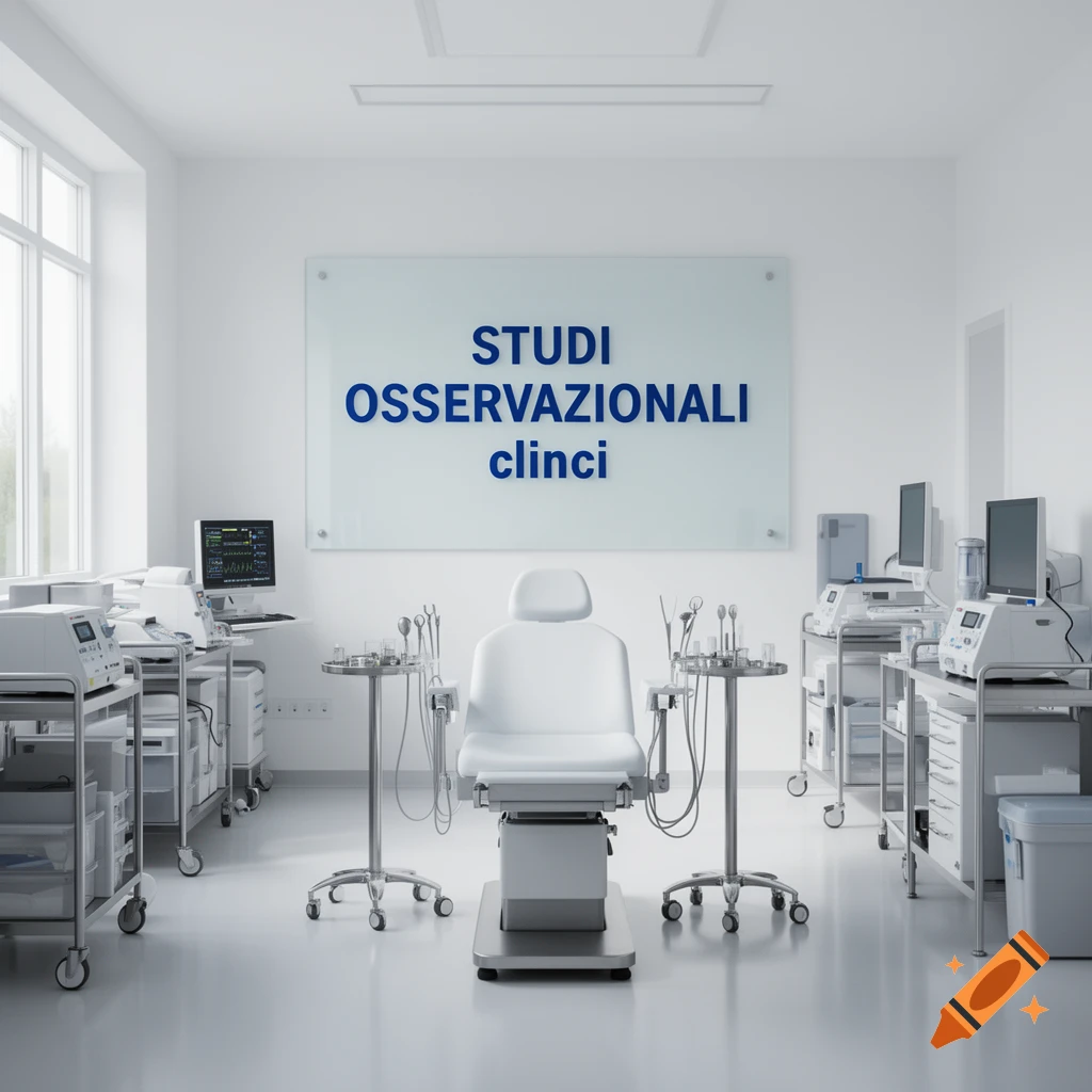 Modern medical examination room with a white chair, various equipment, and a sign 'STUDI OSSERVAZIONALI clinci' on the wall.