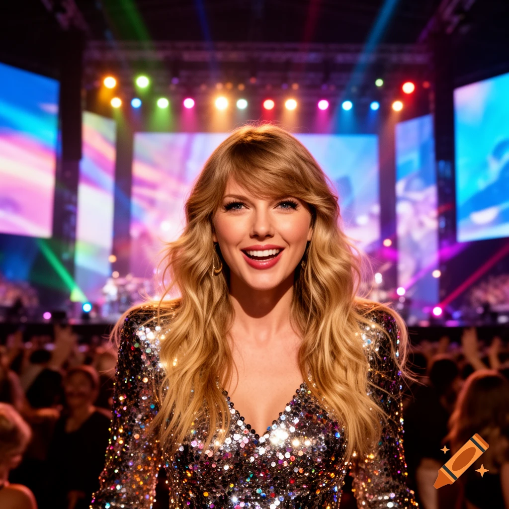 Smiling Taylor Swift in a sequined dress on a vibrant concert stage with colorful lights and a crowd.