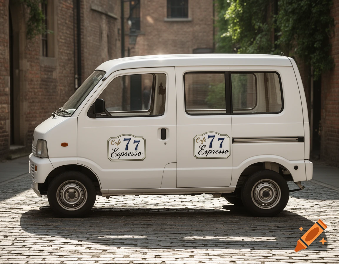 A white commercial van with "Cafe 77 Espresso" logos parked on a cobblestone street between brick buildings.