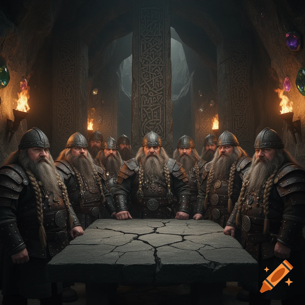 A group of heavily armored, bearded dwarves stands around a cracked stone table in a dark, torch-lit cave with carved pillars and glowing gems.