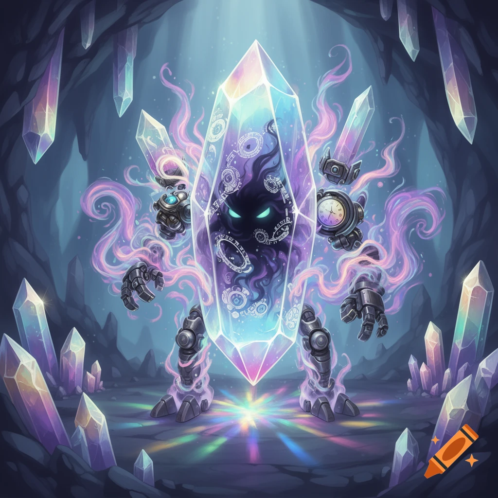A luminous crystal monster with glowing eyes, mechanical limbs, and swirling energy stands in a shimmering cave filled with crystals.
