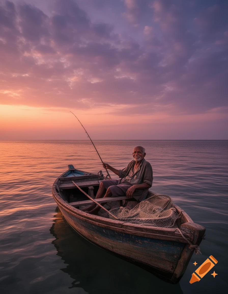 Photorealistic image of an old man with a beard smiling while fishing from a boat at sunset, with a vibrant pink and purple sky.