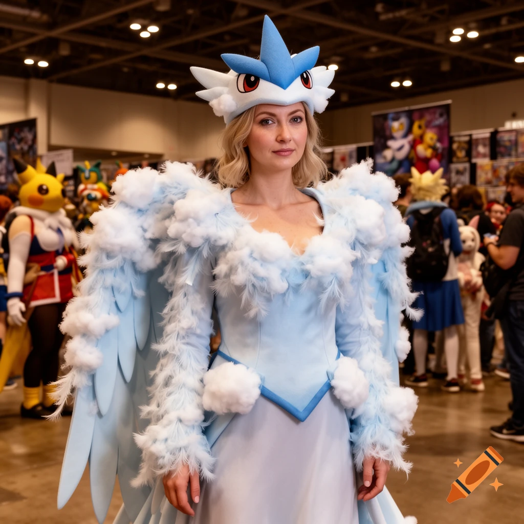 A woman in a light blue Altaria Pok mon costume, adorned with white fluff and large wing-like sleeves, stands facing forward in a convention hall.