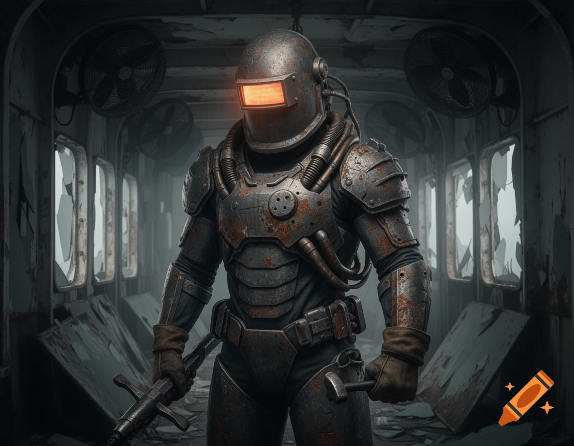 A figure in a rusty, heavy engineering suit with a glowing orange visor stands in a dark, decaying industrial ship, holding a riveter and a hammer.