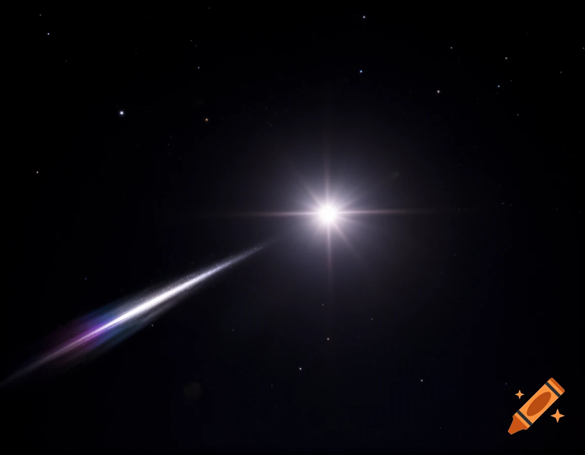 A bright white star with lens flares and a glowing comet streak across a dark starry sky.