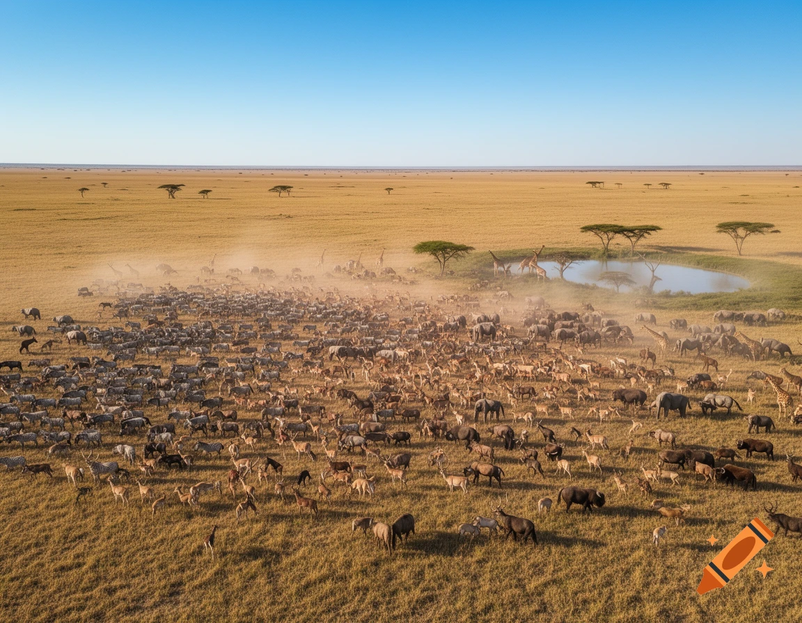 Aerial view of a massive herd of wildebeests, zebras, giraffes, and other African wildlife on a golden savanna near a watering hole under a clear blue sky, with dust rising.