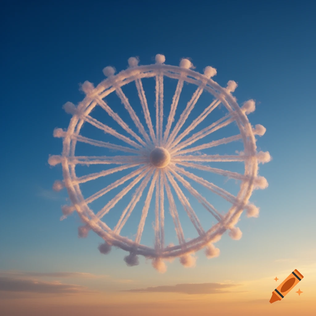 A large spoke wheel structure, resembling a Ferris wheel, made entirely of white clouds against a gradient blue and orange sky.