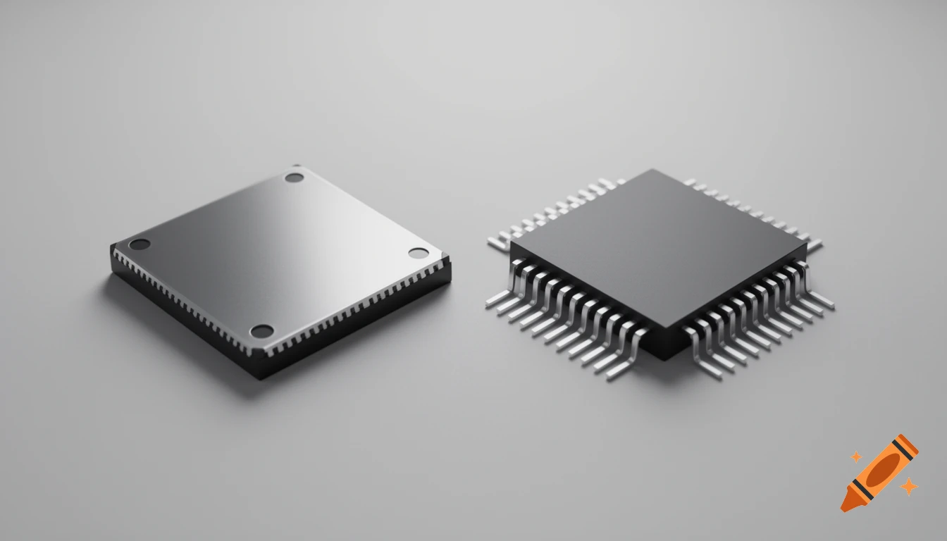 Two grey and black microcontroller packages, one QFN and one LQFP, side-by-side on a light grey surface.
