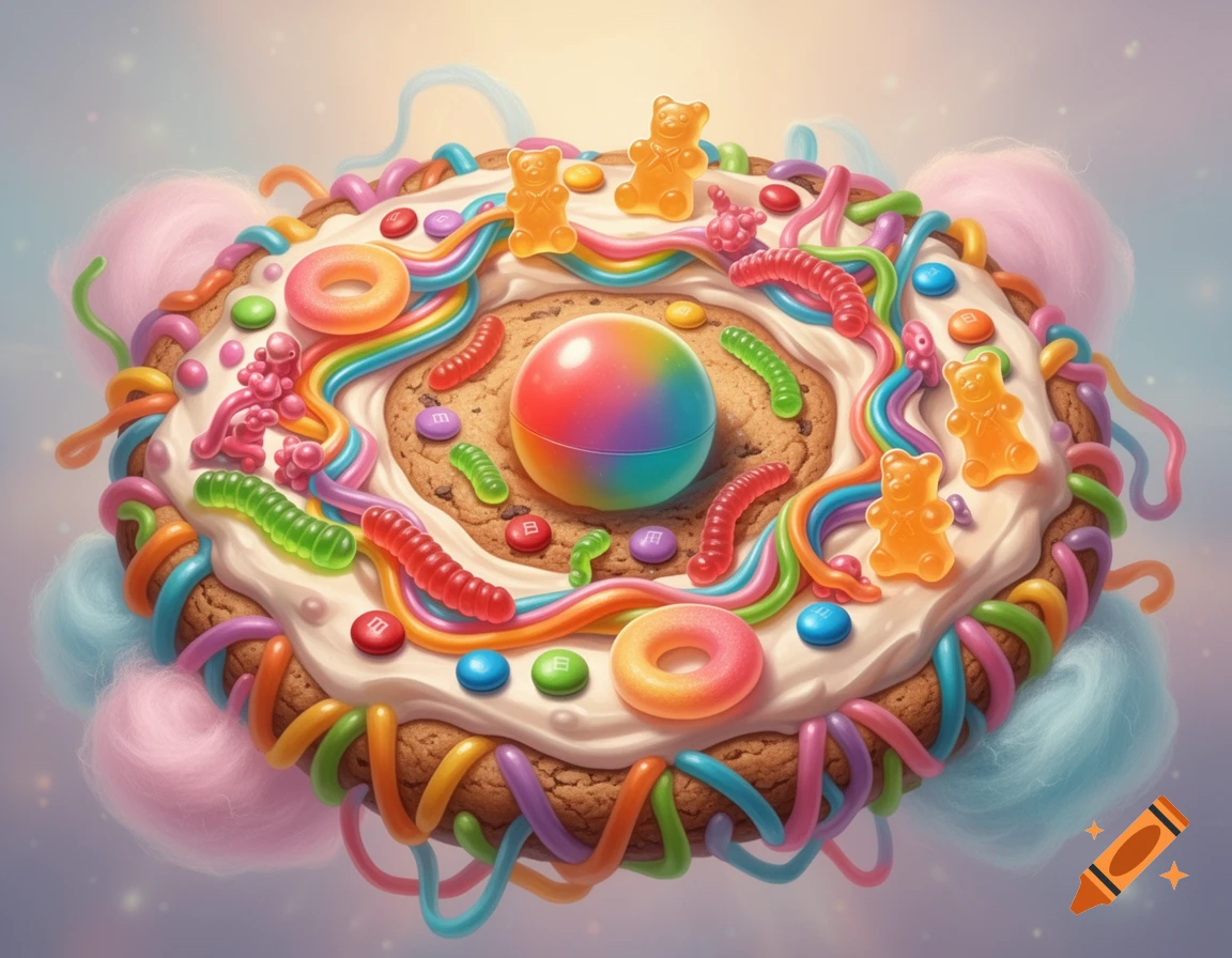 A colorful, intricate cookie resembling a cell diagram, adorned with candy frosting, gummy bears, worms, sour ropes, and M&Ms, against a soft, glowing background.
