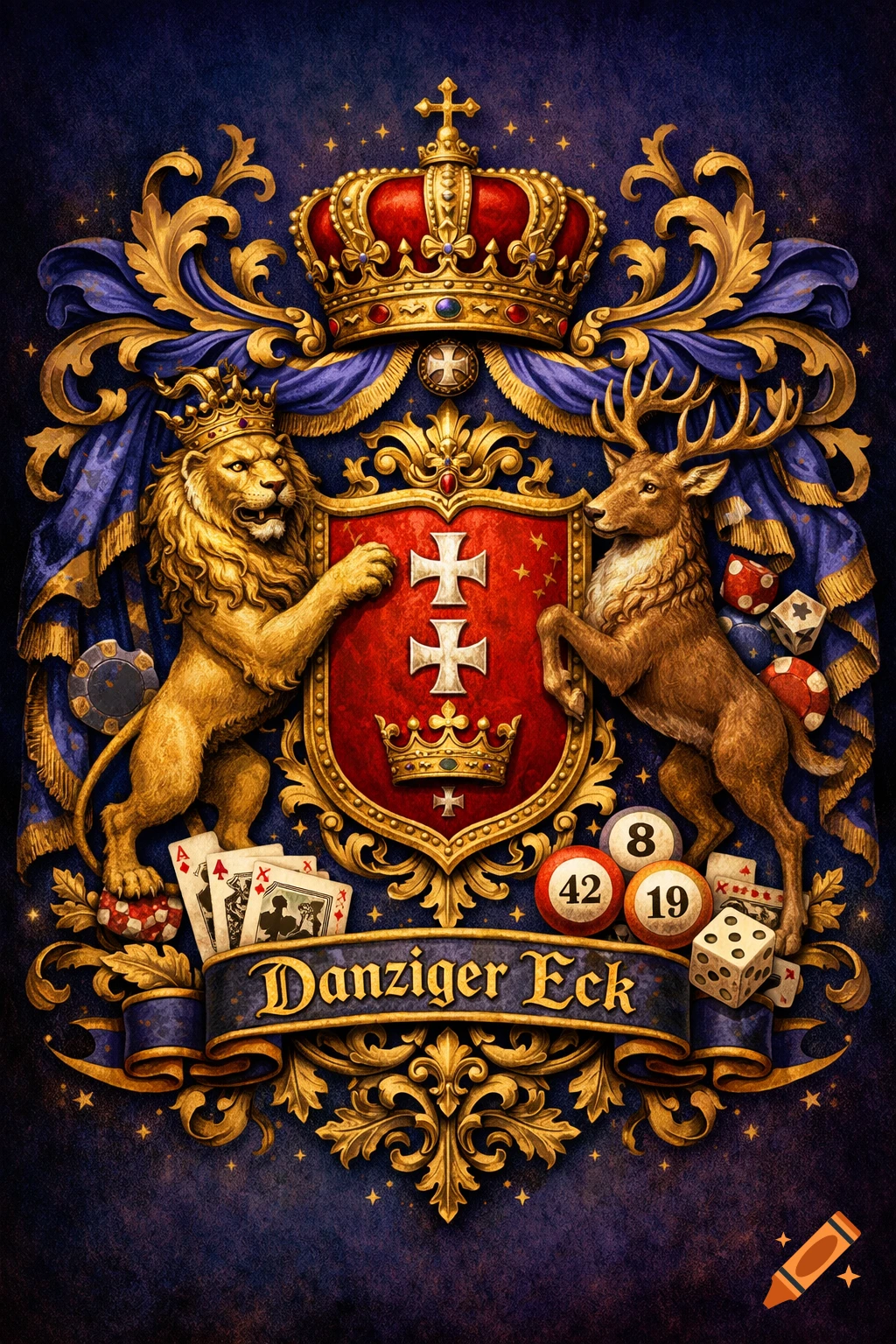 An ornate, royal-style coat of arms featuring a golden lion and a deer flanking a red shield with crosses and a crown. A banner below reads "Danziger Eck", surrounded by playing cards, dice, and bingo balls on a starry blue background.