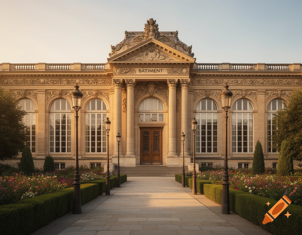 Photorealistic image of a grand classical building with a paved pathway, gardens, and lampposts, inscribed with 'BÂTIMENT'.