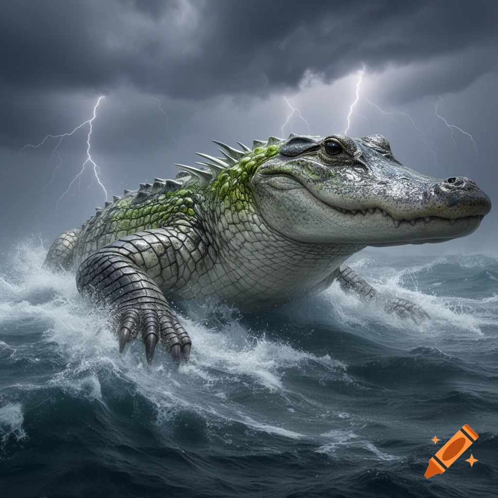 A giant, green and gray crocodile-like creature with dark eyes and gills rises from stormy ocean waves, illuminated by lightning.