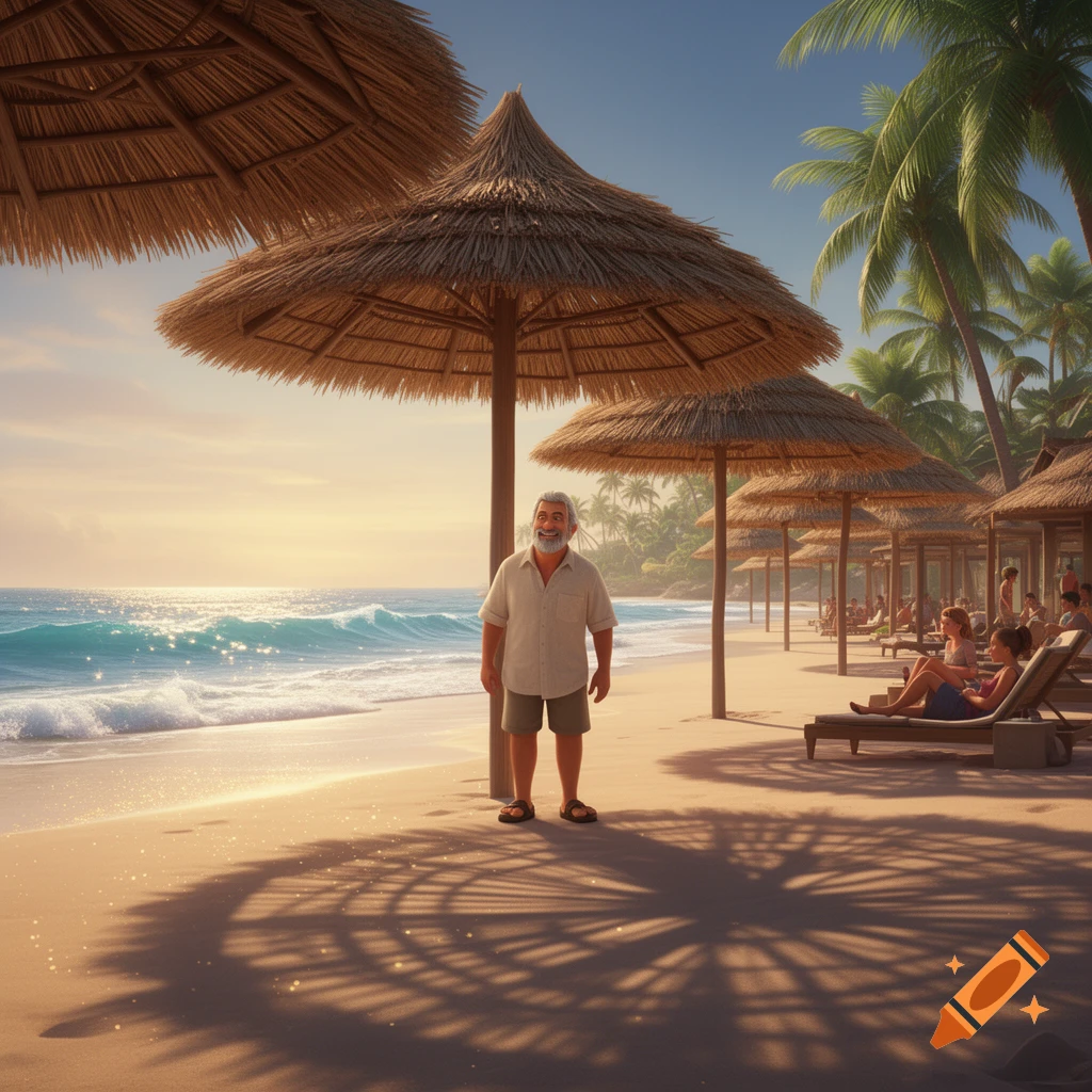 Animated man standing on a sunny beach with straw umbrellas, palm trees, and ocean waves. Others lounge in the background.