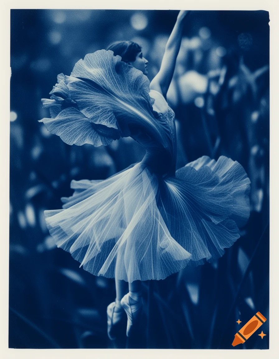 A ballerina in a flowing costume dances gracefully with one arm raised, captured in a striking blue cyanotype image.