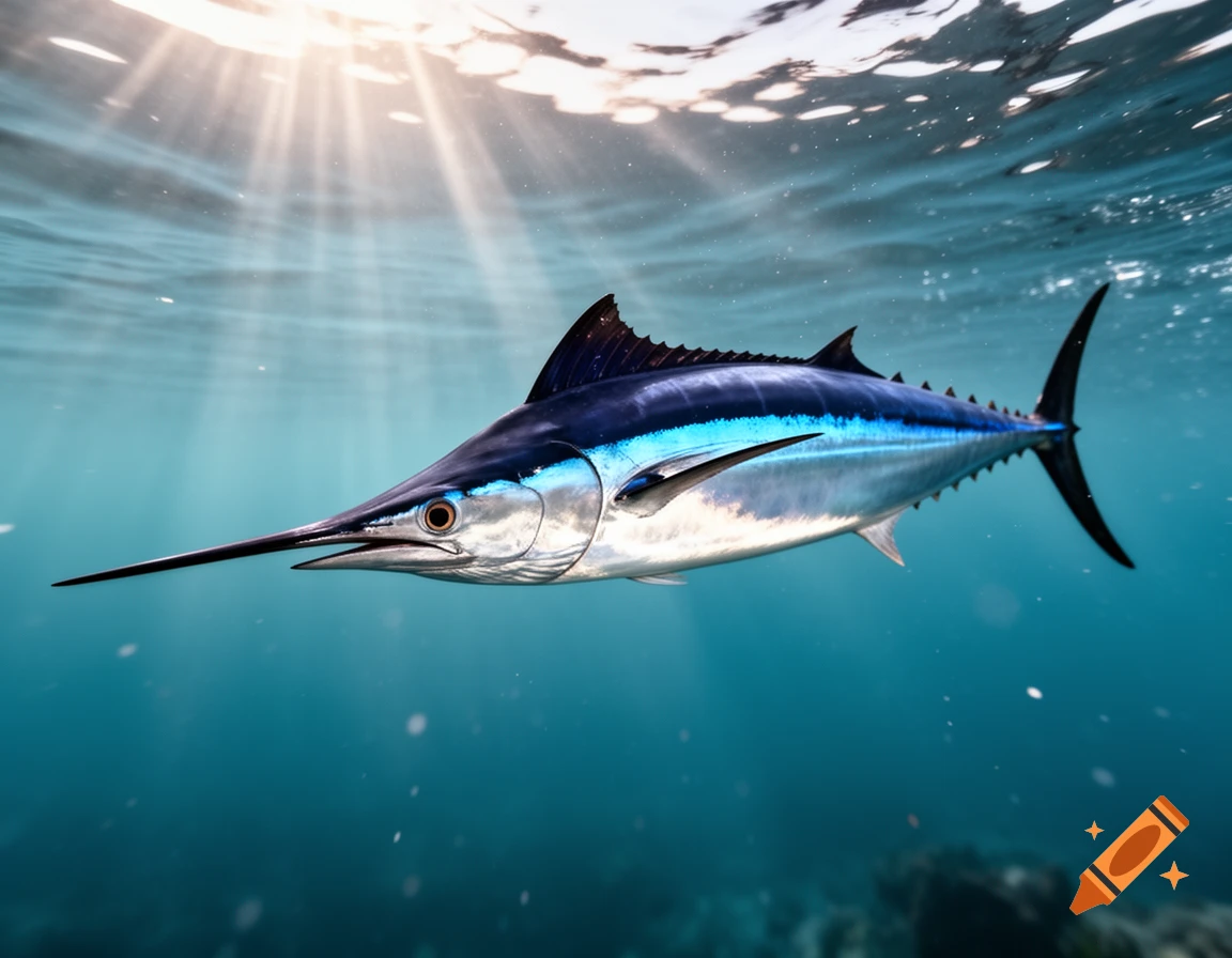 A sleek, blue and silver marlin-like fish with a long snout swims in clear blue ocean water, illuminated by sun rays from above.