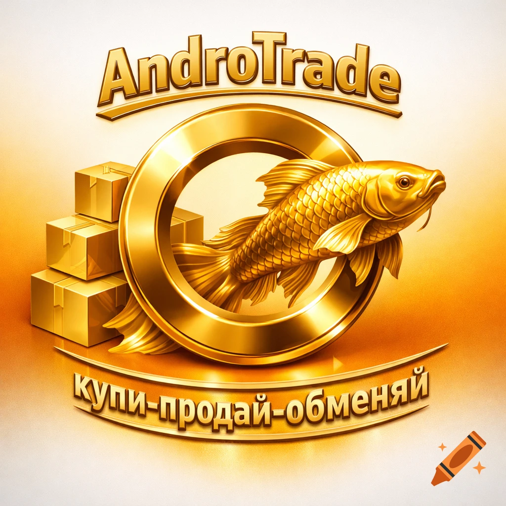 Golden AndroTrade logo with a fish in a ring, boxes, and text 'купи-продай-обменяй' on an orange-white gradient.