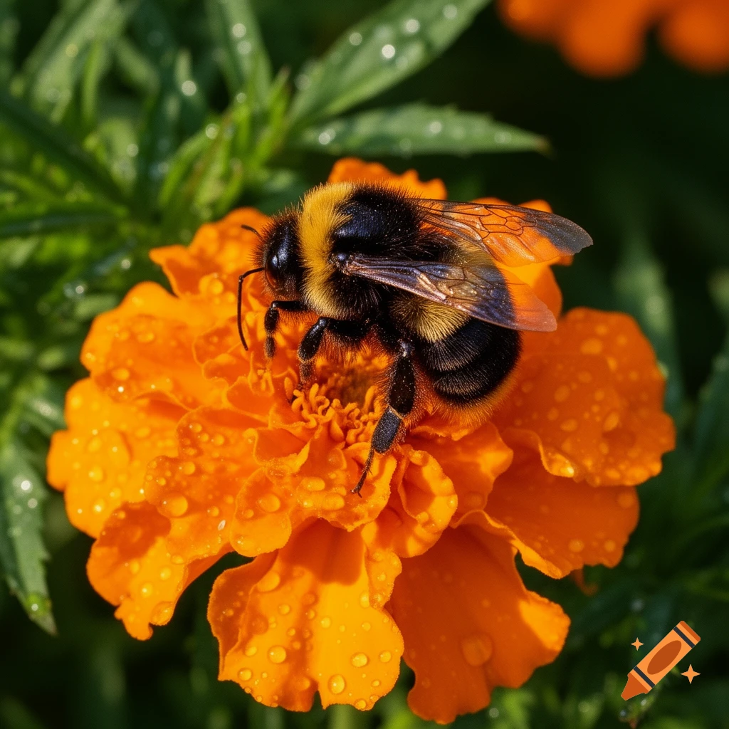 A fuzzy black and yellow bumblebee rests on a dew-covered orange flower, with green foliage in the background. Photorealistic.