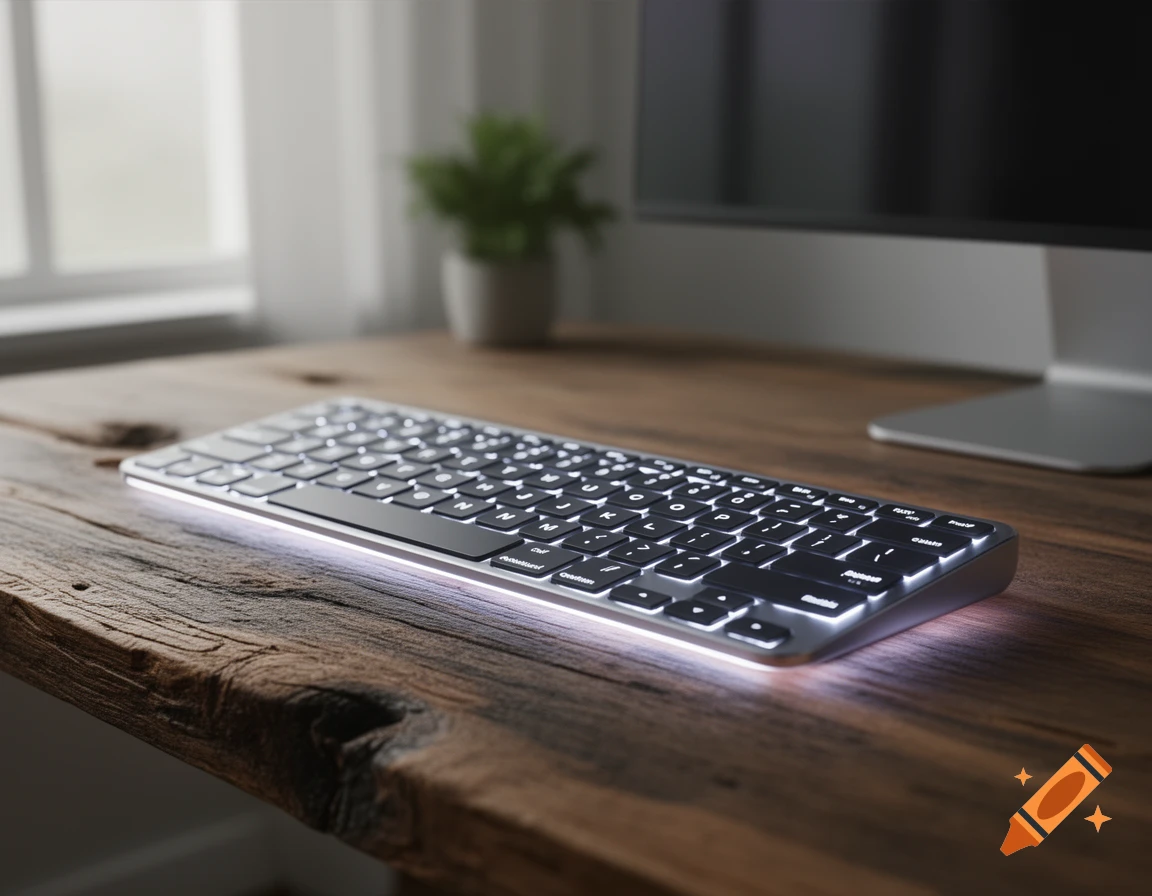 A close-up, photorealistic shot of a silver keyboard with backlit keys resting on a rustic wooden desk, with a blurred monitor and plant in the background.