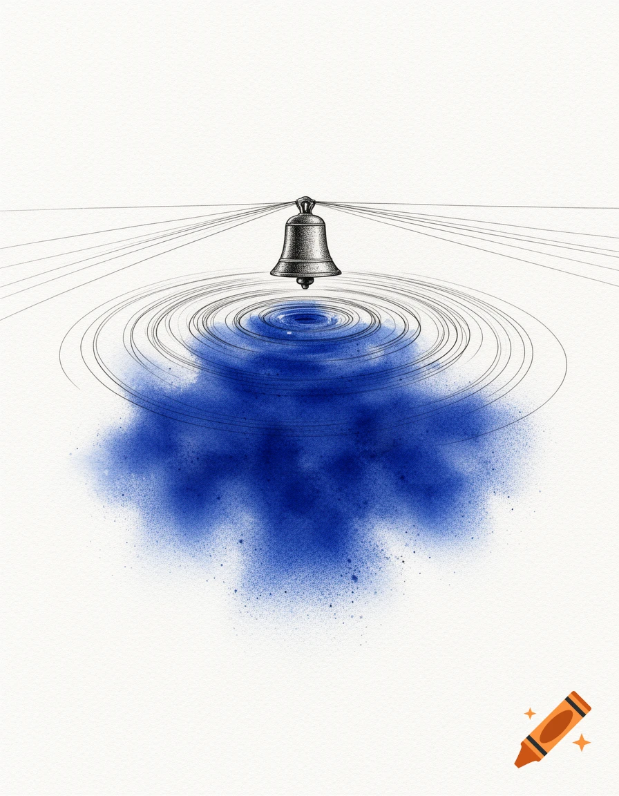 Minimalist ink drawing of a bell over blue watercolor ripples on white paper, with radiating lines.