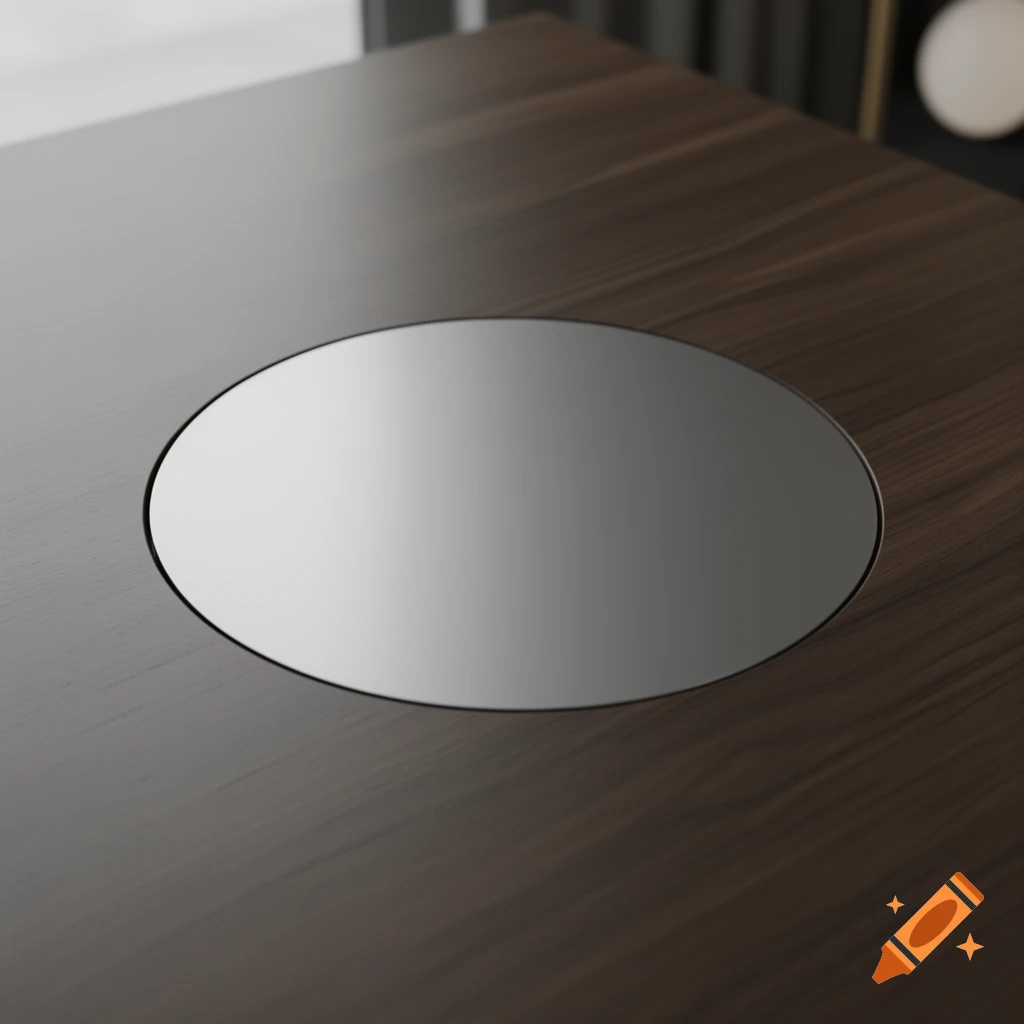 A close-up, photorealistic view of a dark wooden table with a shiny, silver circular insert.