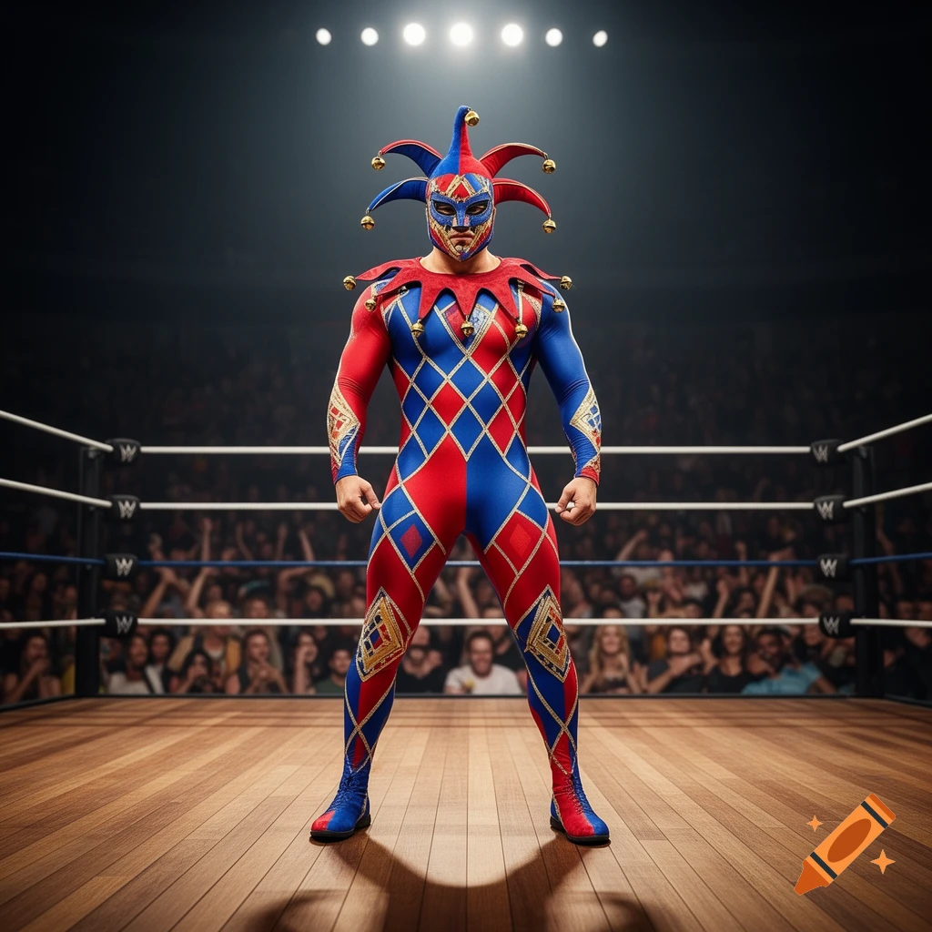 A jester-costumed wrestler stands prominently in the center of a brightly lit wrestling ring, with a blurry crowd visible in the background.