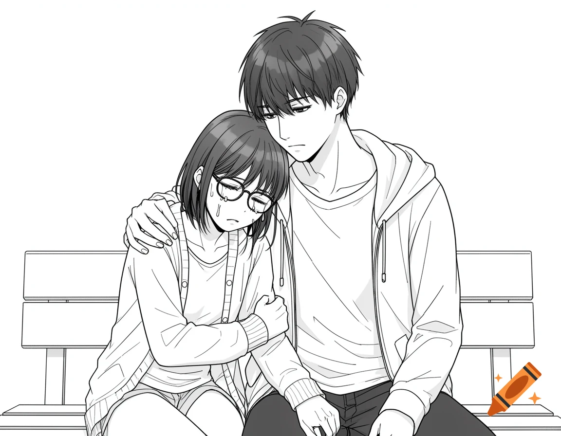Black and white manga illustration of a boy comforting a crying girl with glasses on a bench.