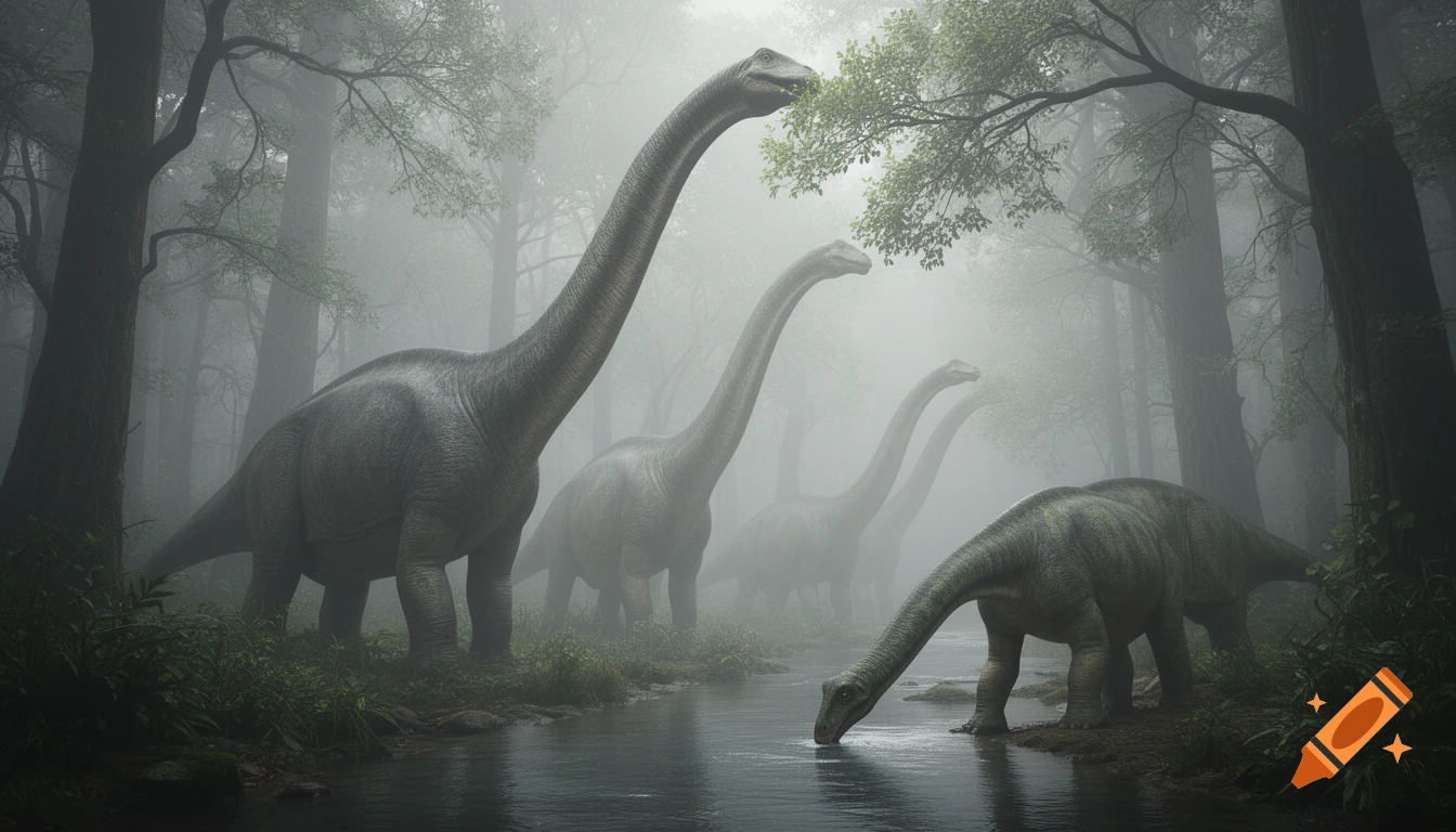 A herd of long-necked sauropod dinosaurs in a misty forest, some eating from trees, one drinking from a river.