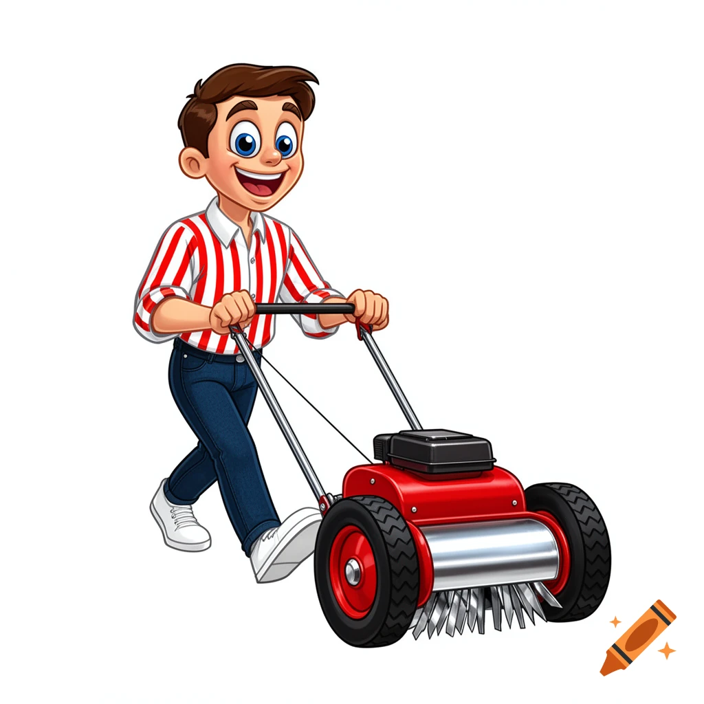 A smiling cartoon man in a red and white striped shirt and blue jeans pushes a red bladed hand mower on a white background.