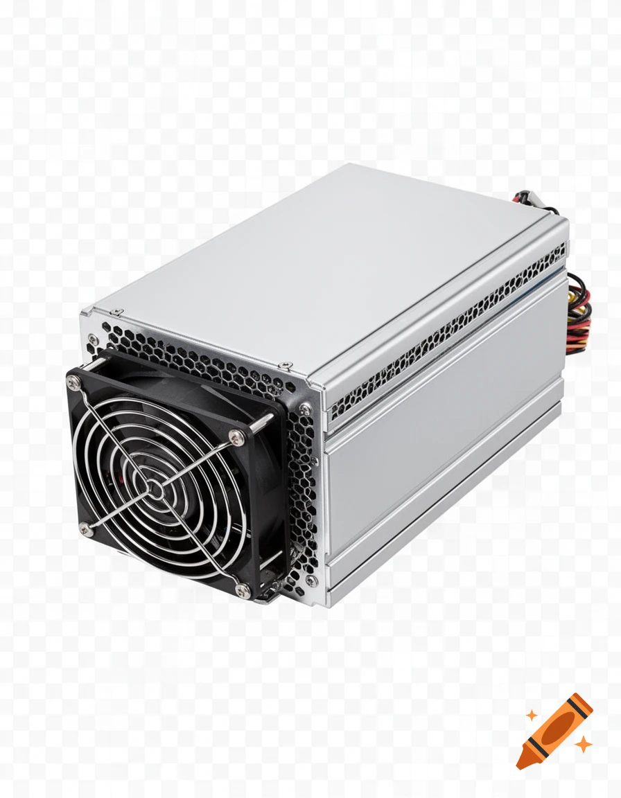 A silver ASIC miner with a black cooling fan on the front, set against a transparent background.