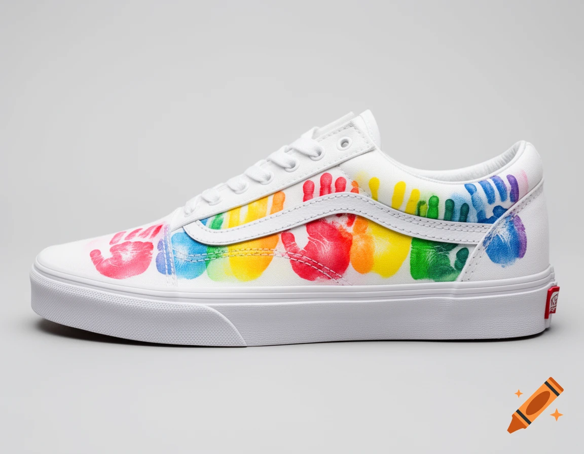 A white Vans Old Skool sneaker adorned with vibrant, rainbow-colored handprints against a plain background.