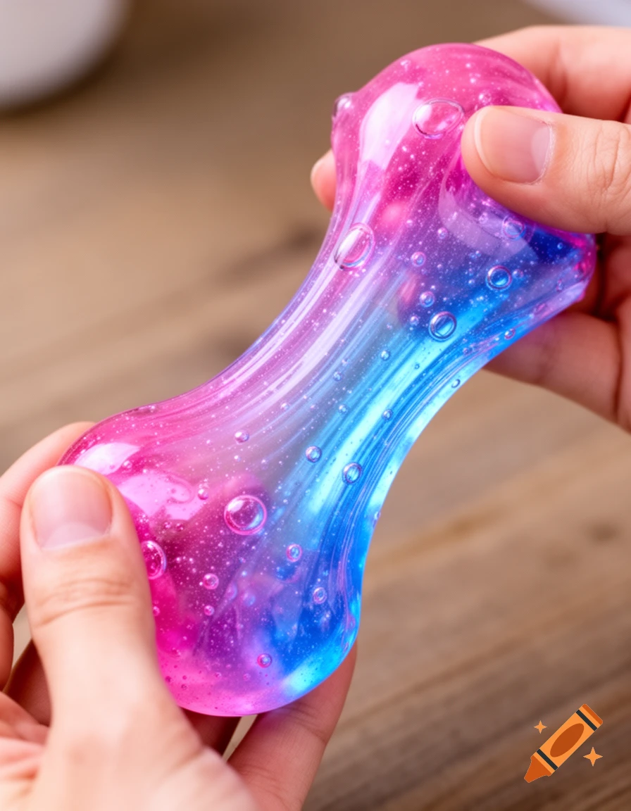 Hands hold vibrant pink and blue galaxy-patterned ASMR slime with visible bubbles.
