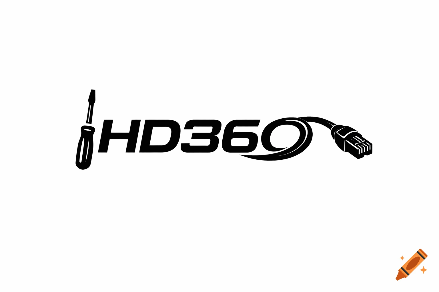 A black and white logo for HD360, featuring a stylized screwdriver and an Ethernet cable.