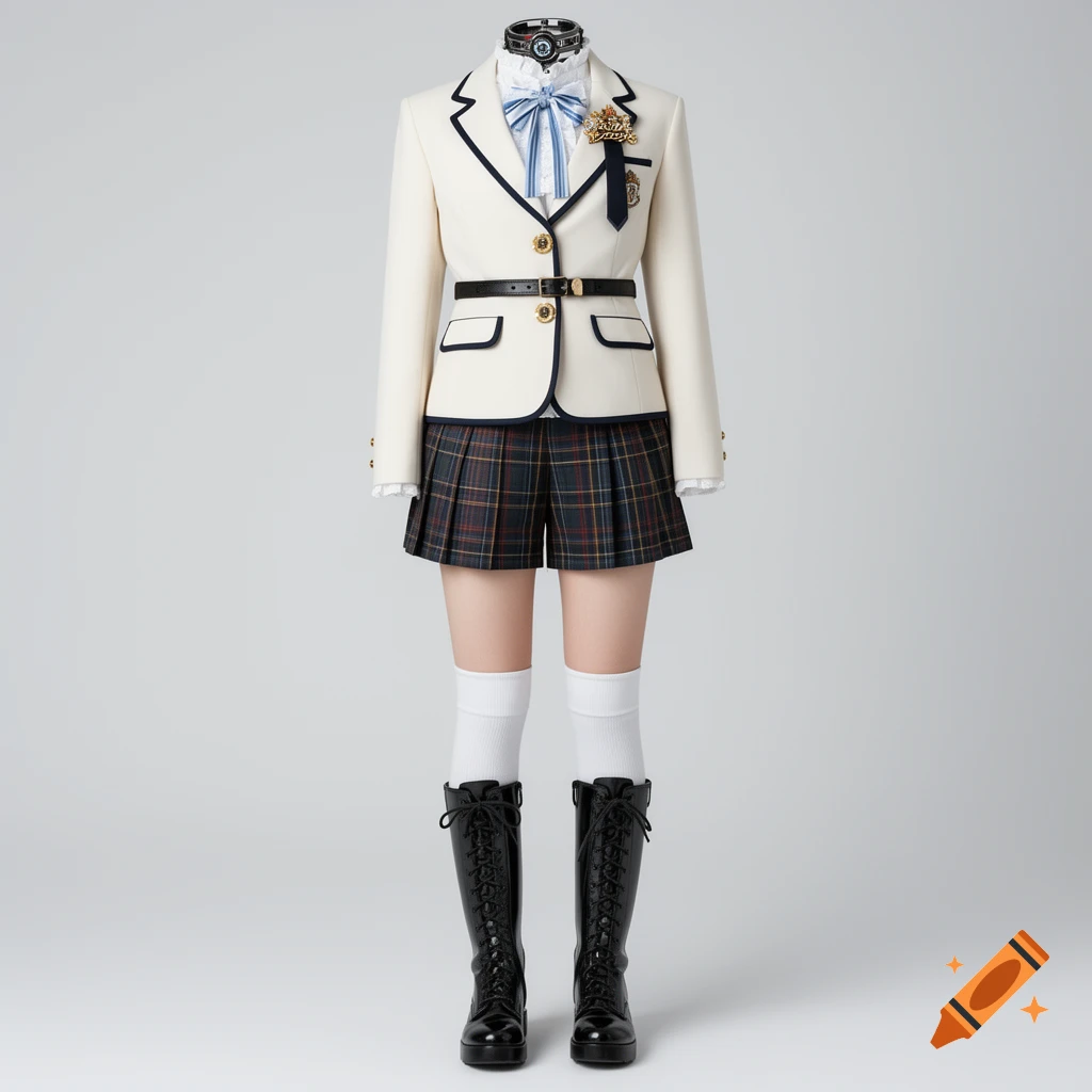 An ivory blazer with navy trim, a blue ribbon tie, a white frilled shirt, plaid shorts, white knee-high socks, and black lace-up boots on a headless mannequin.