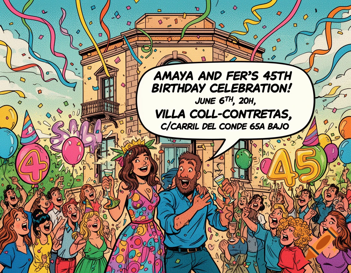 Comic art of a birthday celebration for Amaya and Fer, with many people, balloons, confetti, and a building in the background.