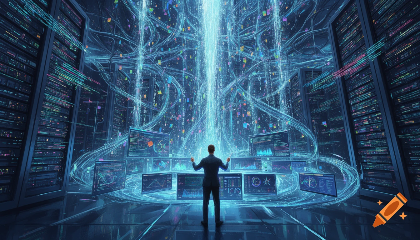 A programmer in a futuristic data center orchestrates glowing data flows, code, and analytics dashboards across vast server networks, in digital art style.