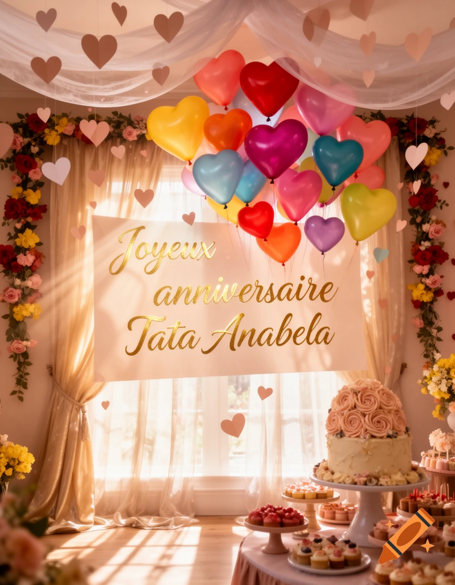A room decorated for a birthday celebration with colorful heart-shaped balloons, a banner, a tiered cake, and various desserts on a table.